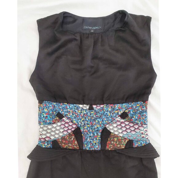 Cynthia Rowley Women's Black Sheath Dress with Asian Patchwork Waist Detail 0 - Picture 2 of 8